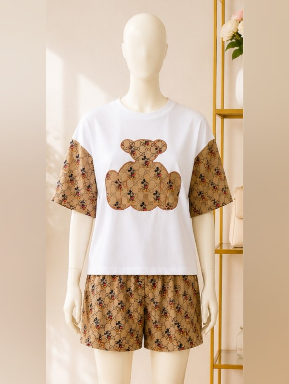White Tee & Patterned Shorts Set with Teddy Patch